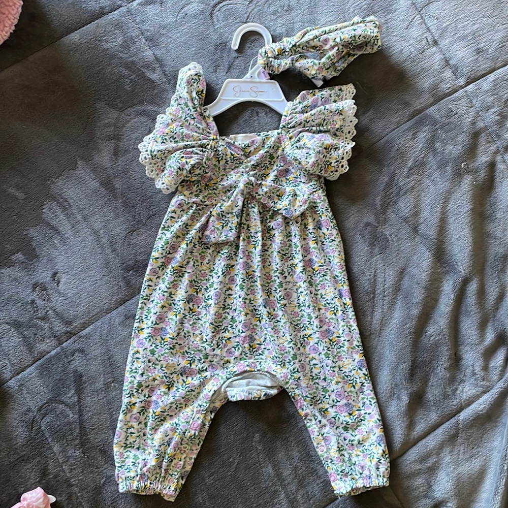 Infant floral romper with matching headband